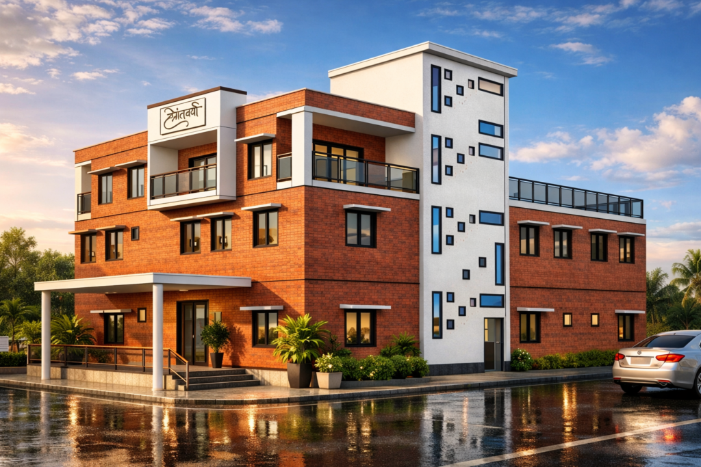 Modern brick house elevation design in Jaipur by DR Architect, G+2 residential building with contemporary architecture