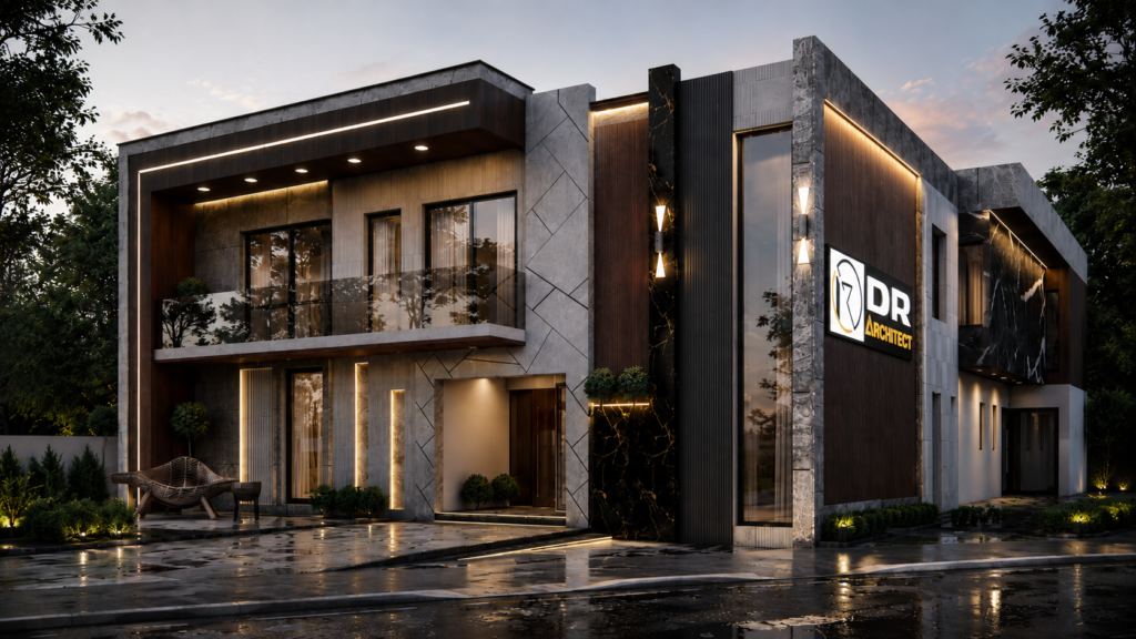 Luxury modern villa elevation in Cape Town, South Africa by DR Architect featuring contemporary architecture, premium stone cladding, wood facade, double-height glass windows and elegant exterior lighting.