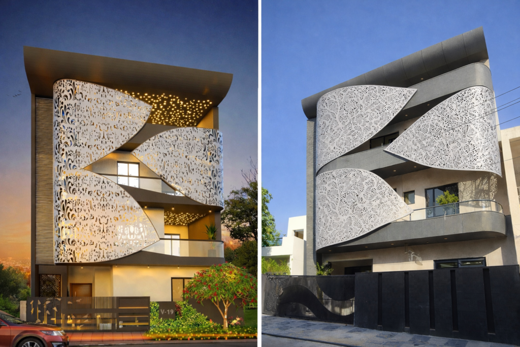 Modern luxury house elevation in Vaishali Nagar Jaipur by DR Architect with CNC jali facade design