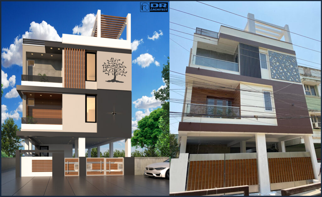 Modern G+2 residential house elevation design and completed construction project in Bangalore by DR Architect featuring contemporary architecture, balcony design, decorative facade elements and premium exterior finishes.
