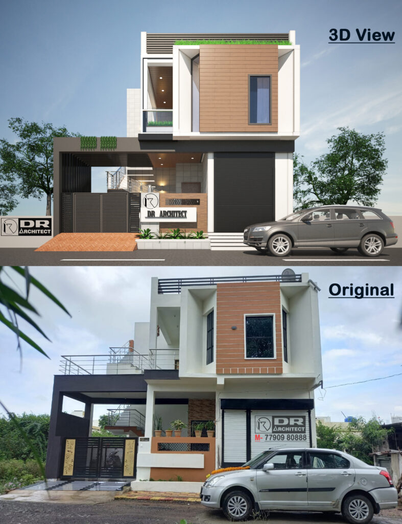 Modern residential house elevation design in Yavatmal Maharashtra by DR Architect with 3D visualization and real site comparison