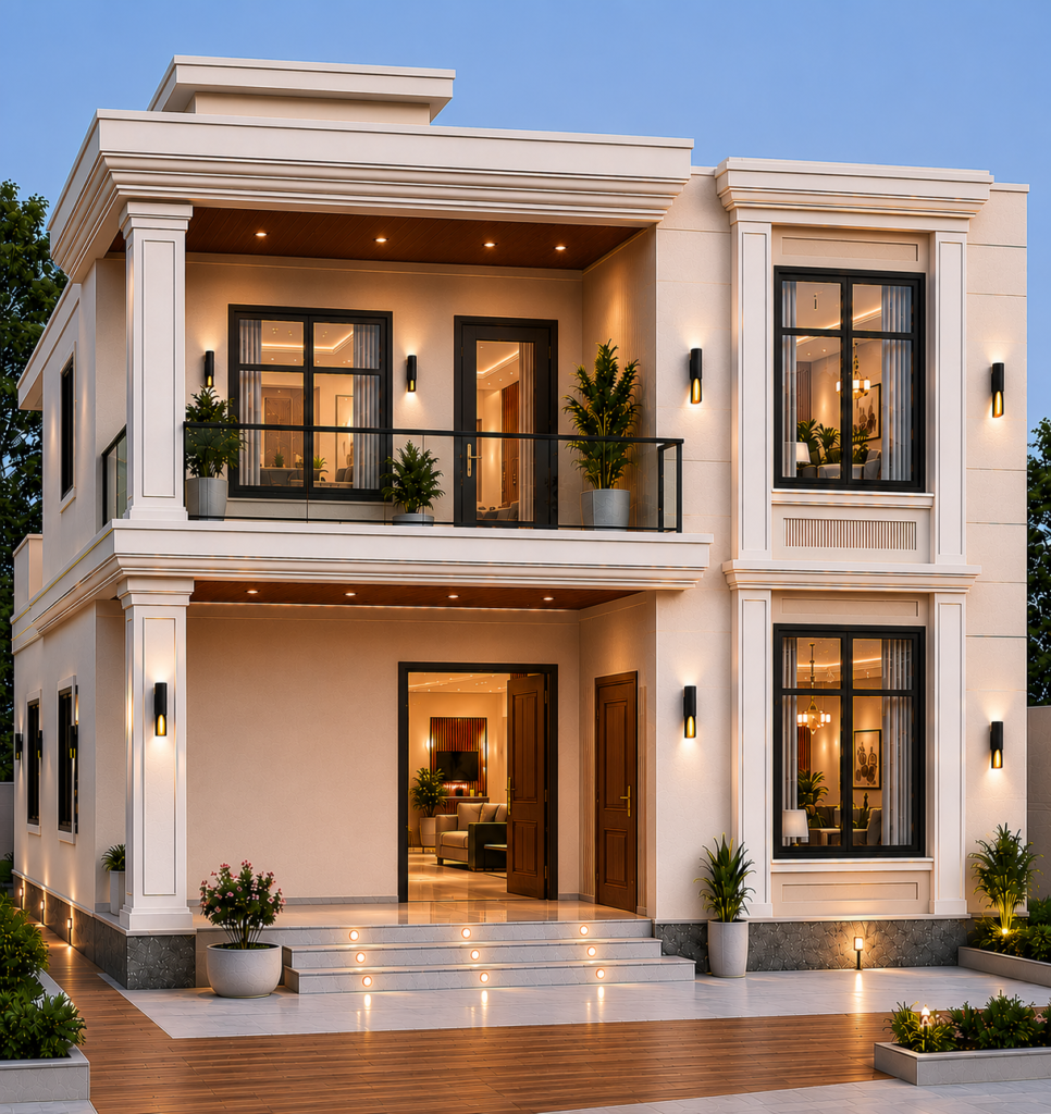 Modern double-storey house elevation design in Jaipur by DR Architect featuring contemporary architecture, elegant white facade, glass balcony, premium exterior lighting and luxury residential design.