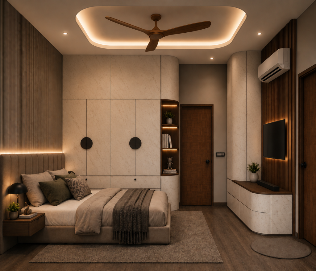 Luxury master bedroom interior design in Mumbai featuring custom wardrobe, upholstered bed, wooden fluted panels, ambient cove lighting, designer ceiling, and contemporary décor by DR Architect.