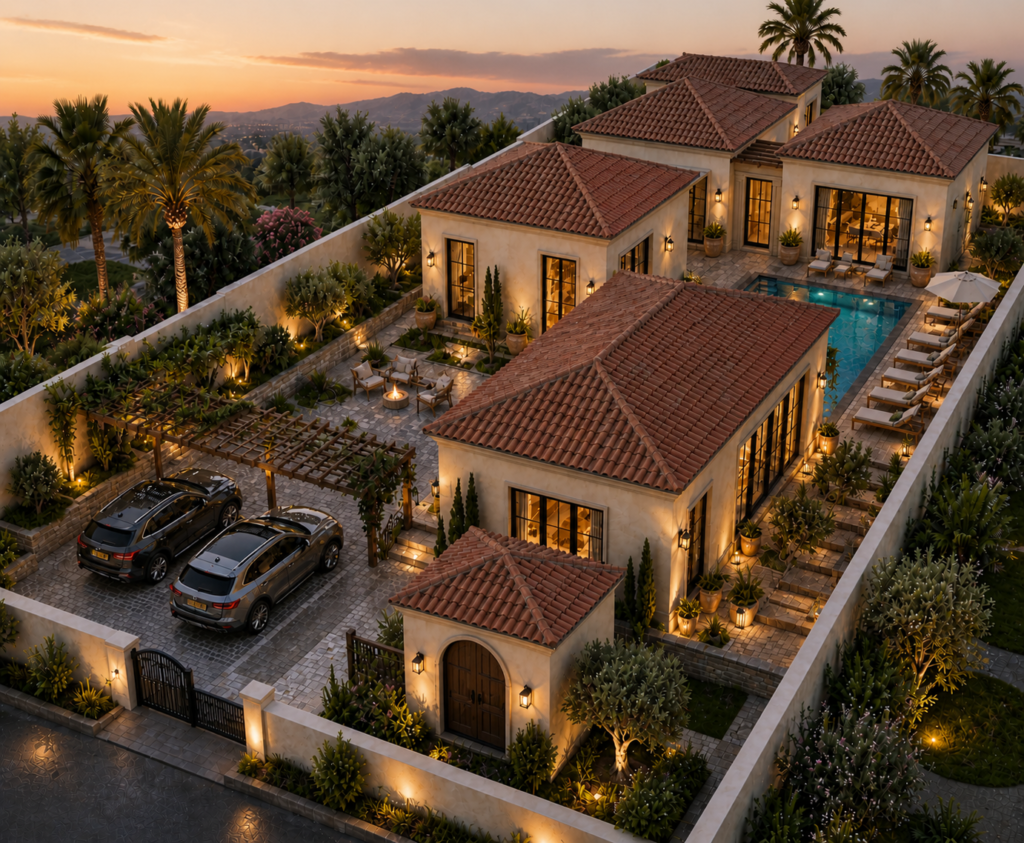 Luxury farmhouse resort design in Mumbai featuring Mediterranean-style architecture, tiled roofs, swimming pool, landscaped gardens, outdoor lounge, and premium hospitality design by DR Architect