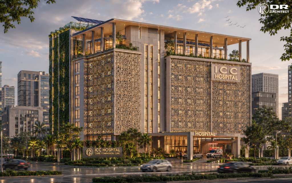 ICC Hospital Indore Madhya Pradesh designed by DR Architect featuring modern healthcare architecture, hospital facade design, sustainable medical infrastructure and contemporary hospital building design.