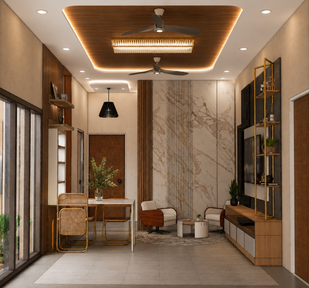 Luxury living room interior design in Mumbai featuring marble accent wall, custom TV unit, wooden ceiling, designer chandelier, premium furniture, and contemporary décor by DR Architect.
