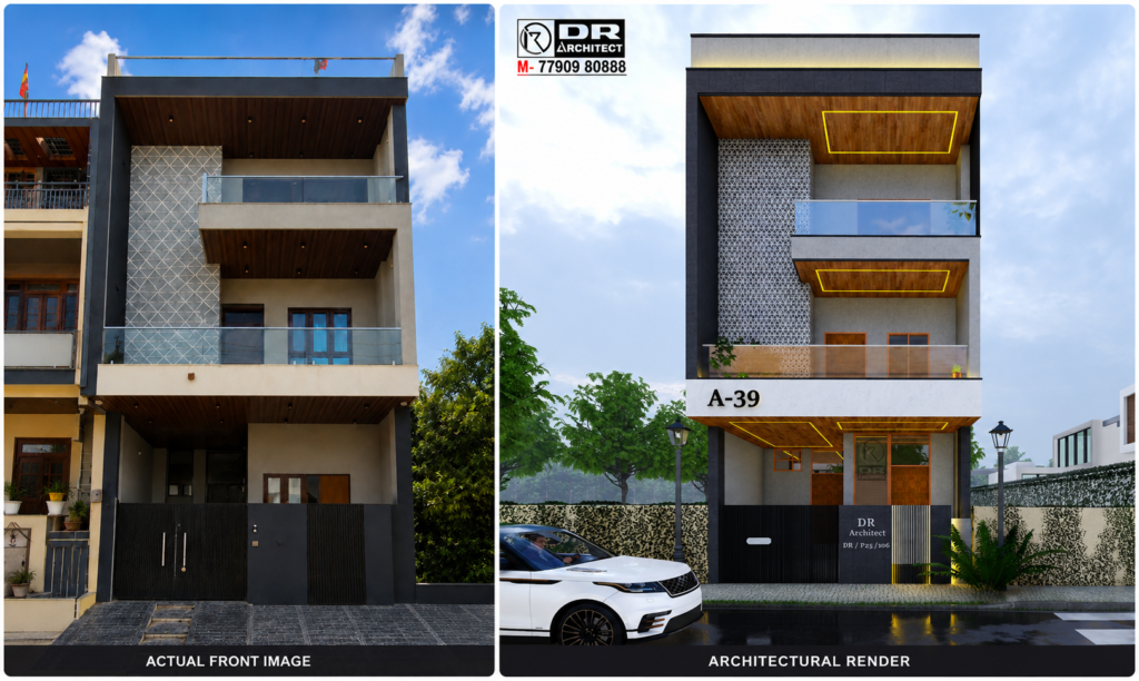 Modern residential house elevation design and actual construction at Jamdoli, Jaipur Agra Road by DR Architect featuring contemporary facade, balcony design, premium exterior finishes and architectural planning.