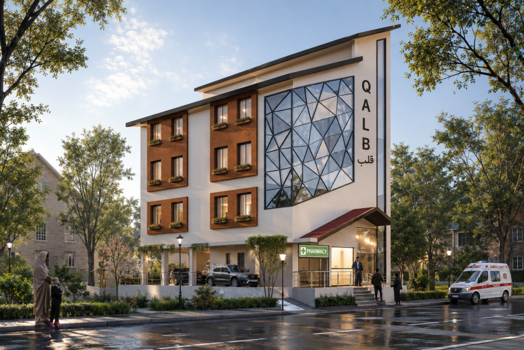 Heart Hospital Kashmir designed by DR Architect featuring modern cardiac hospital architecture, healthcare facility planning, contemporary medical building design, sustainable hospital facade and patient-centric healthcare infrastructure.
