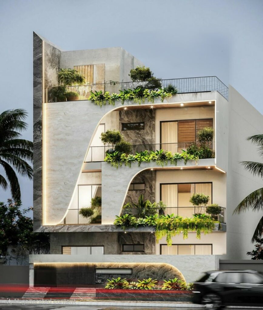 Modern luxury house design in Jaipur Rajasthan featuring curved architectural elements, marble façade, landscaped balconies, rooftop garden, contemporary elevation, and premium residential architecture by DR Architect.