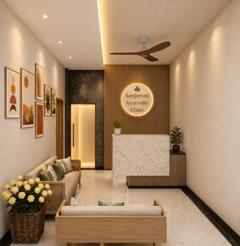 Premium Ayurvedic Clinic Reception Interior Design by DR Architect featuring marble reception desk, wooden wall paneling, comfortable waiting area seating, decorative artwork, indoor plants, and warm ambient lighting.