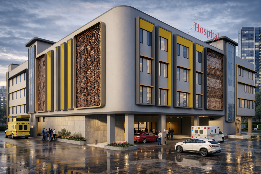 Modern multi-speciality hospital building design in Mumbai featuring contemporary façade, decorative screens, emergency entrance, ambulance bay, and advanced healthcare architecture by DR Architect