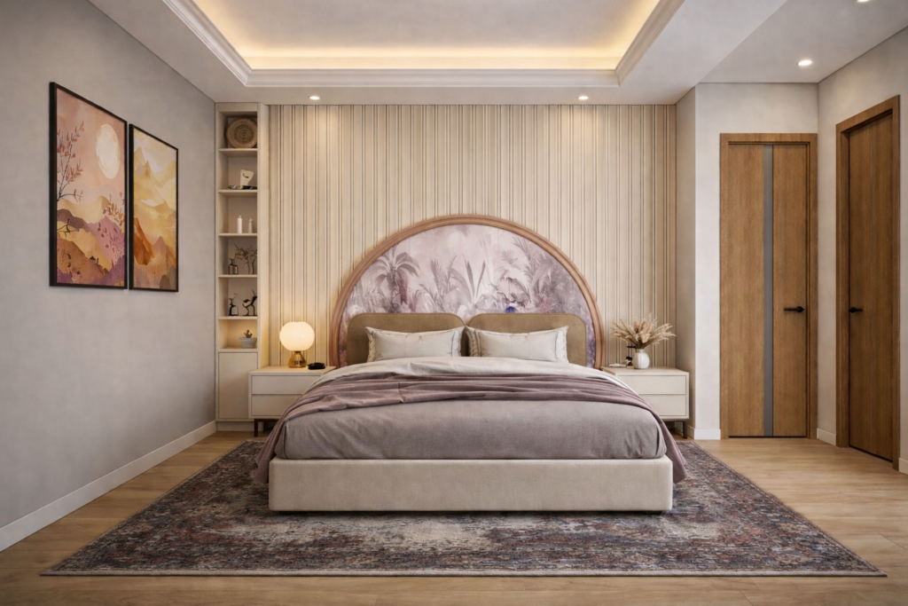 Luxury modern bedroom interior design by DR Architect featuring custom upholstered bed, decorative headboard, wooden wardrobe, ambient cove lighting and contemporary residential interior.