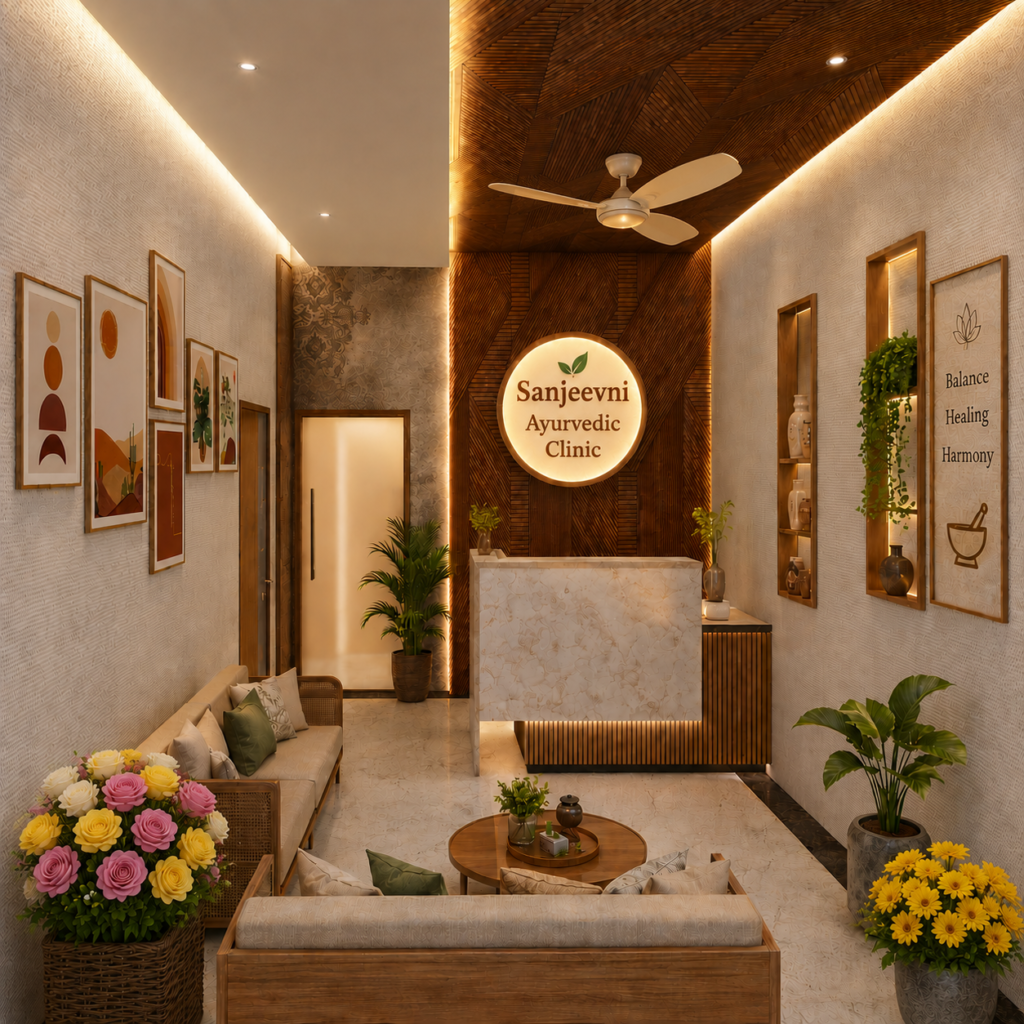 Luxury Ayurvedic clinic reception interior designed by DR Architect featuring a modern reception desk, wooden ceiling, ambient lighting, premium waiting lounge and biophilic interior design.