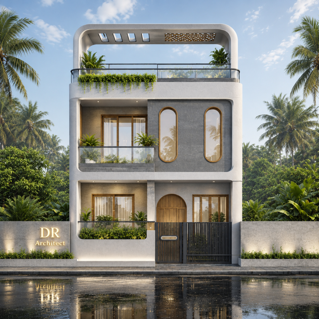 Modern 3-storey residential house exterior designed by DR Architect in Jaipur, Rajasthan
